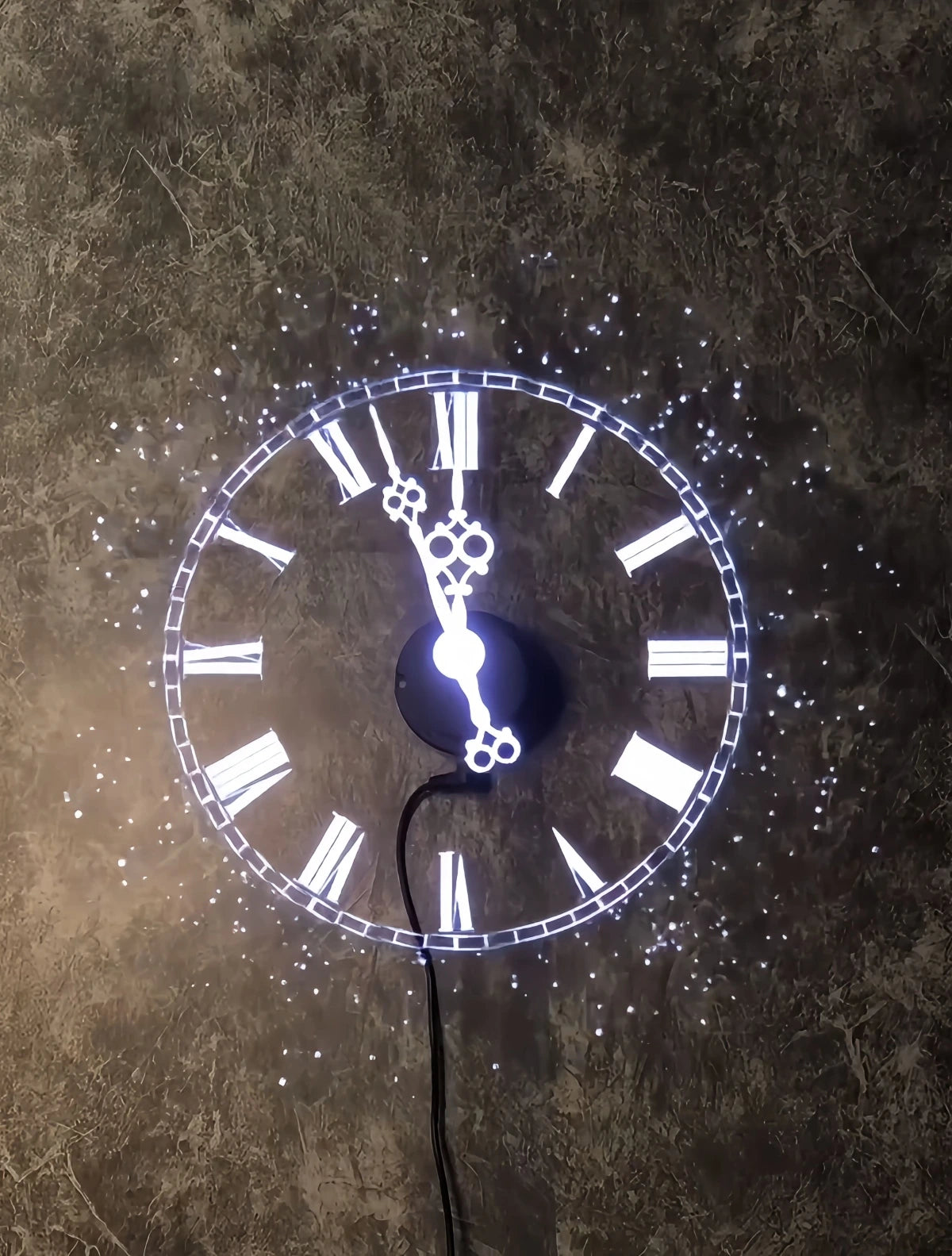 Holographic clock with glowing Roman numerals on a dark wall